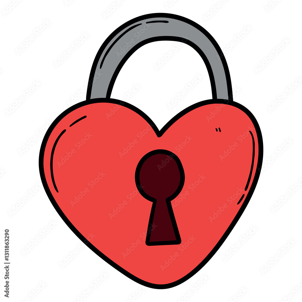 Hand drawn cartoon red closed heart padlock on white background. Hand drawn cartoon red closed heart padlock on white background.