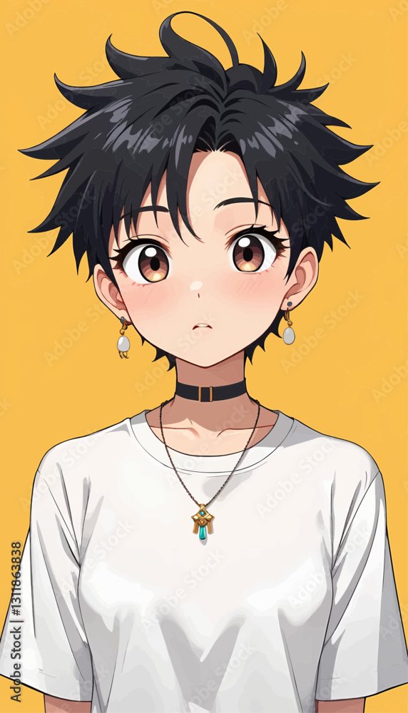 Anime Girl with Spiky Hair, Choker, Pearl Earrings, Necklace, White Shirt, Yellow Background Anime Girl with Spiky Hair, Choker, Pearl Earrings, Necklace, White Shirt, Yellow Background