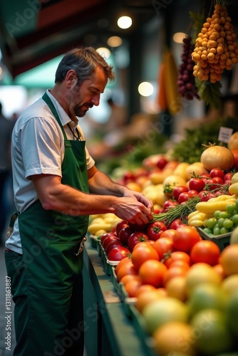 Latin greengrocer arranging fresh produce at market stall, colorful, vegetables