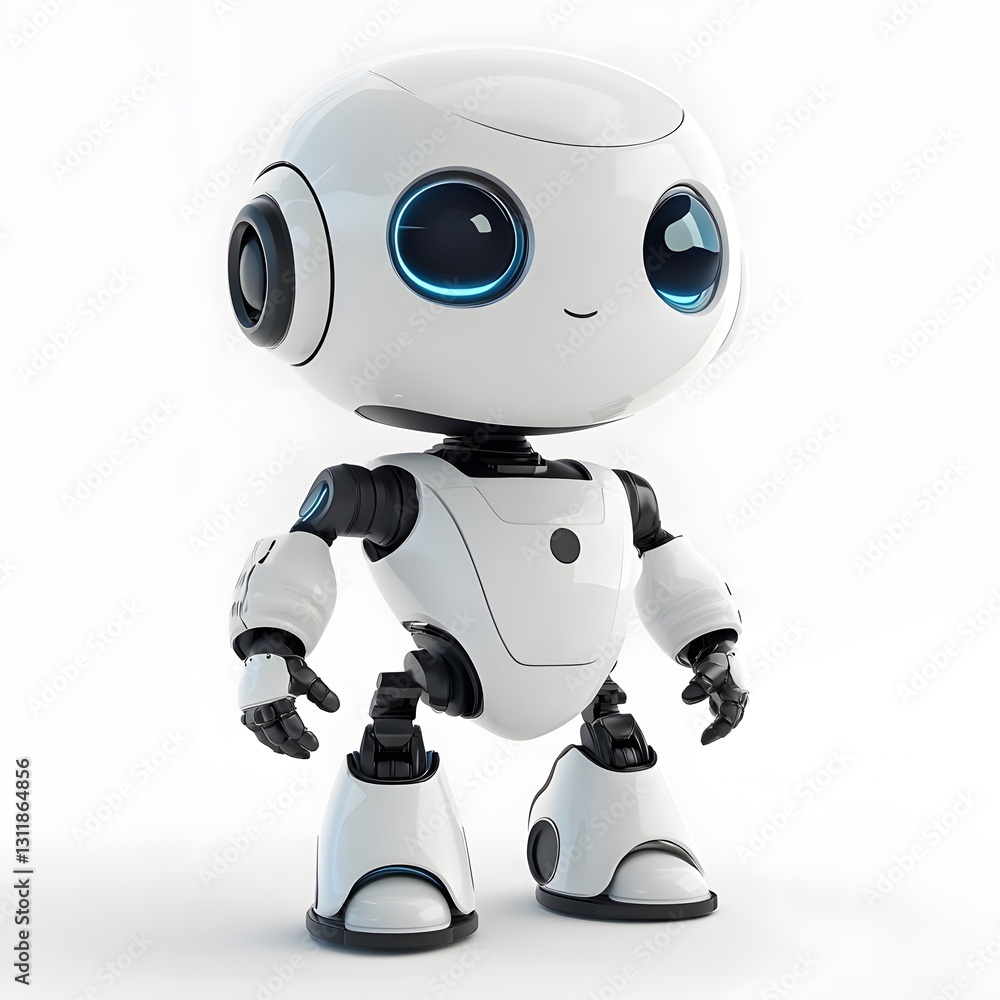 Small friendly robot with big blue eyes stands on a plain background, showcasing its sleek design and playful demeanor Small friendly robot with big blue eyes stands on a plain background, showcasing its sleek design and playful demeanor
