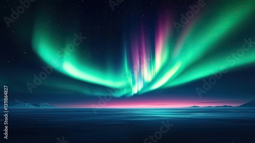 Aurora borealis northern lights idea. Majestic northern lights illuminating a serene night sky over tranquil waters.