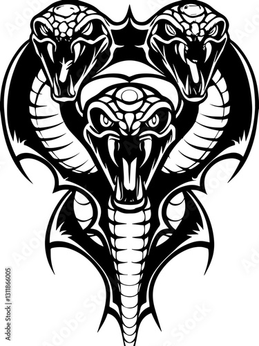 SVG vector features insectoid monstrous demons with eldritch designs.  Black and White Illustration of Three-Headed Cobra Design
