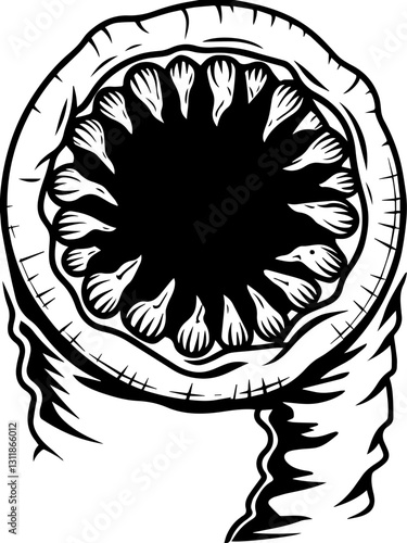SVG vector features insectoid monstrous demons with eldritch designs.  Black and White Illustration of a Circular Organic Design