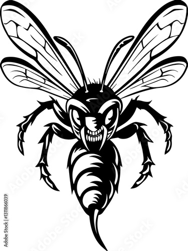SVG vector features insectoid monstrous demons with eldritch designs.  Fierce Black and White Bee Illustration with Intense Features