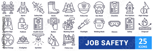Job safety icon set. with icon barrier, apron, safety belt, boots, traffic cone, police hat, gas mask, checklist, fire hydrant, high voltage, caution sign, padlock, health check, button, washing hand
