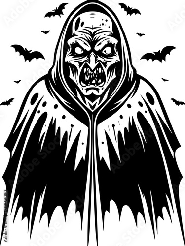 SVG vector features insectoid monstrous demons with eldritch designs.  Dark Hooded Figure with Bats in Spooky Halloween Scene