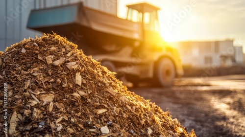 Brown Wood Chips Pile At Sunset With Blurry Dump Truck Background