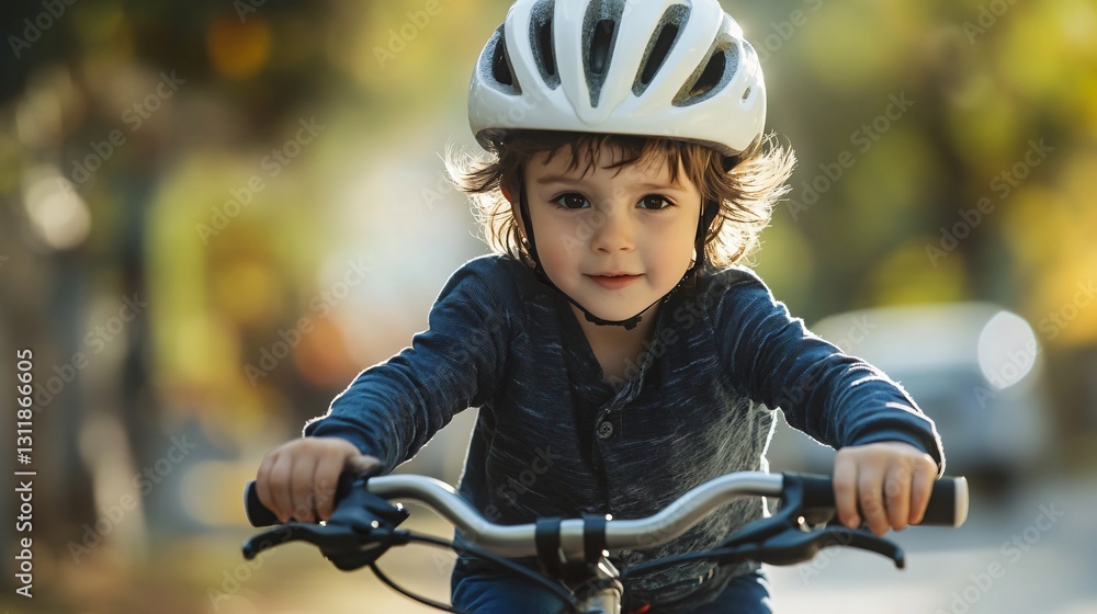 Obraz premium Child in white bike helmet riding bicycle