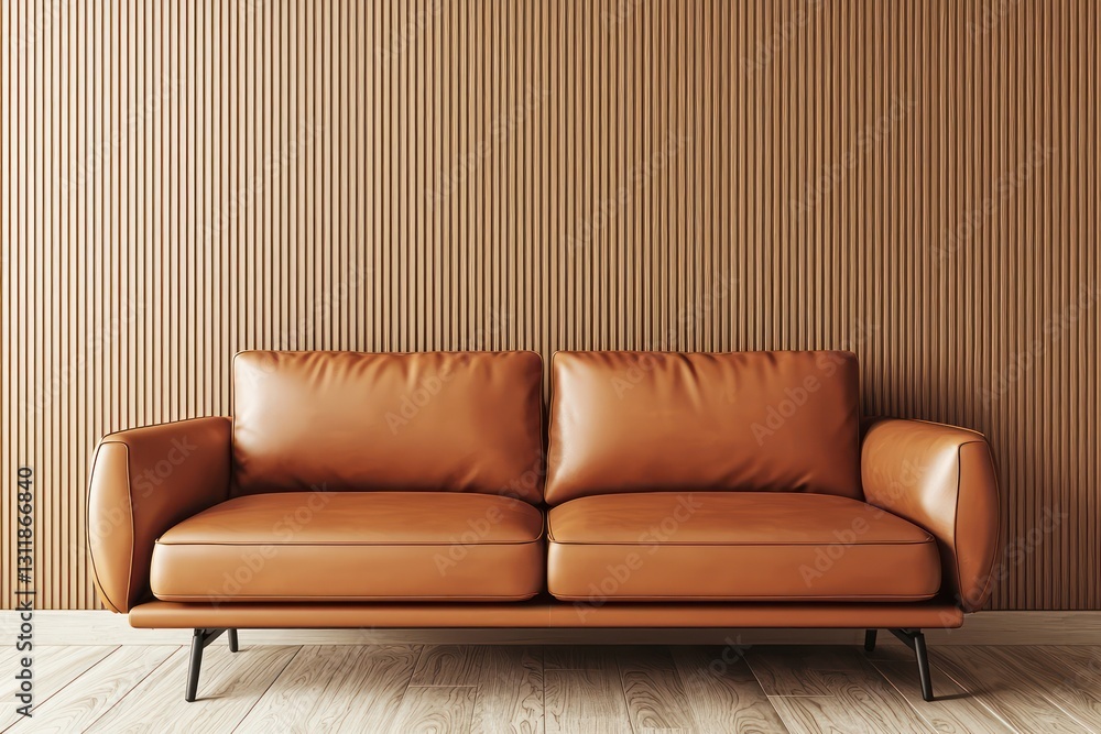 Fototapeta premium Earthy depth with sienna stripes, camel-colored sofa.