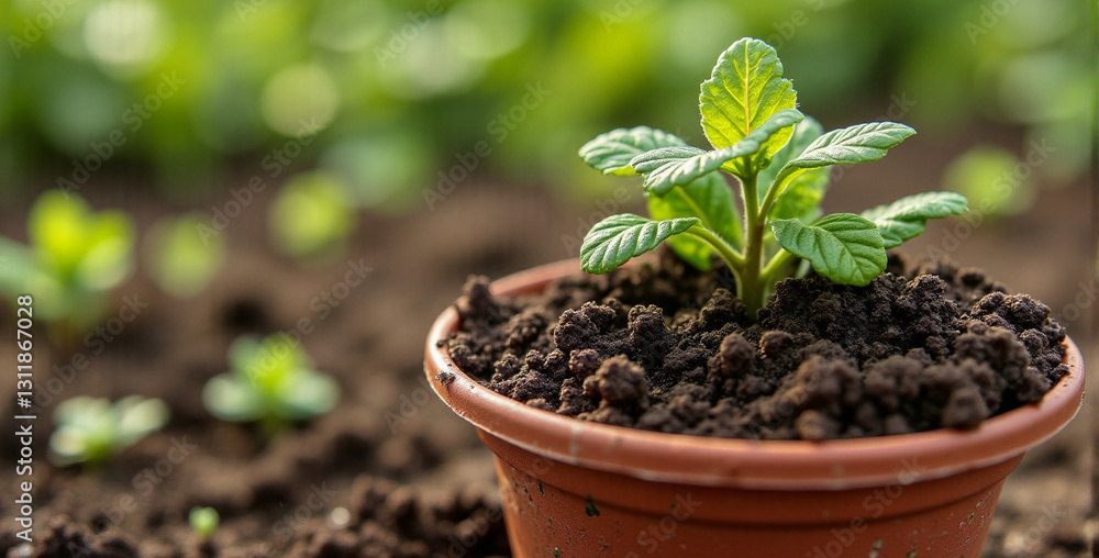 Vibrant Seedling Growing in Potting Soil Vibrant Seedling Growing in Potting Soil