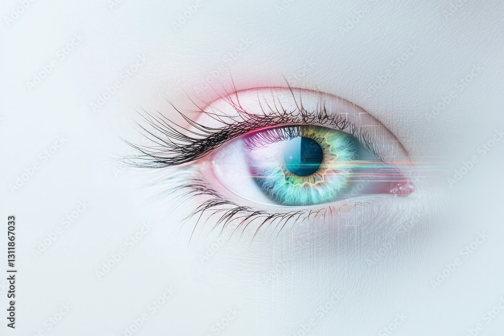 Modern minimalist composition where a single eye with a translucent, gradient iris captures hints Modern minimalist composition where a single eye with a translucent, gradient iris captures hints