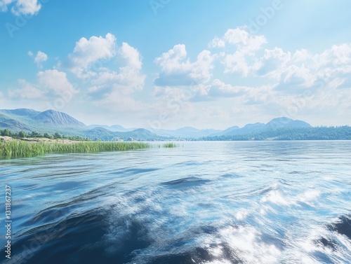 Idyllic lake view with shimmering water, mountains and tranquil scenery