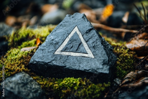 A mysterious covenant symbol etched into ancient stone, surrounded by faint glowing runes and mossy cracks
