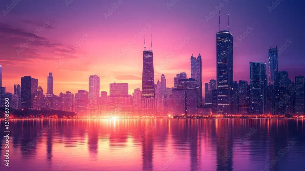 Fototapeta premium Colorful City Skyline at Sunset Reflected in Still Water. Modern