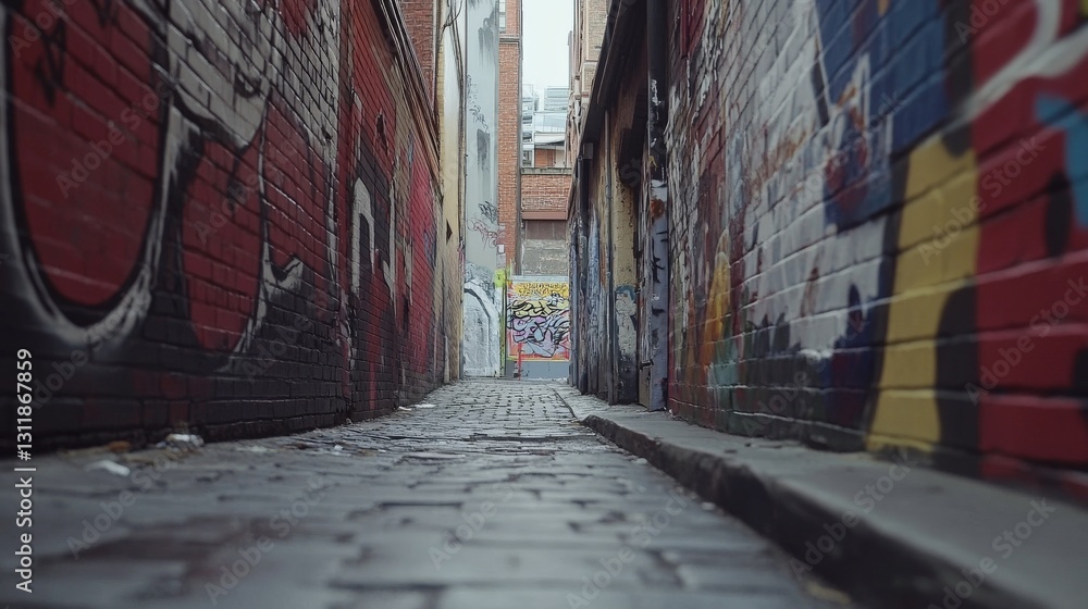 Fototapeta premium A captivating view of a graffiti-filled alleyway showcasing urban textures and vibrant colors. Ideal for themes of street culture, creativity, and modern city aesthetics.. AI Generation