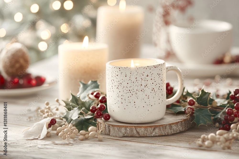 A natural holly and ivy garland draped across a rustic dining table, complemented by warm candlelight and elegant tableware A natural holly and ivy garland draped across a rustic dining table, complemented by warm candlelight and elegant tableware