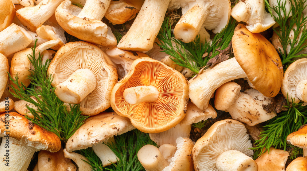 Fresh wild mushrooms with green herbs close-up texture Fresh wild mushrooms with green herbs close-up texture