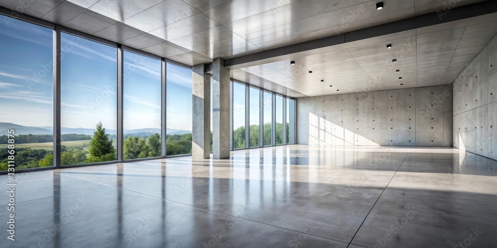 Expansive Open-Plan Space with Floor-to-Ceiling Windows Offering Panoramic Views of a Serene Landscape Expansive Open-Plan Space with Floor-to-Ceiling Windows Offering Panoramic Views of a Serene Landscape