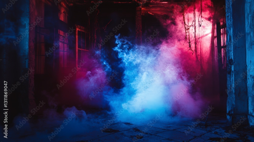 Fototapeta premium Eerie Abandoned Building Interior With Blue And Red Lighting Style