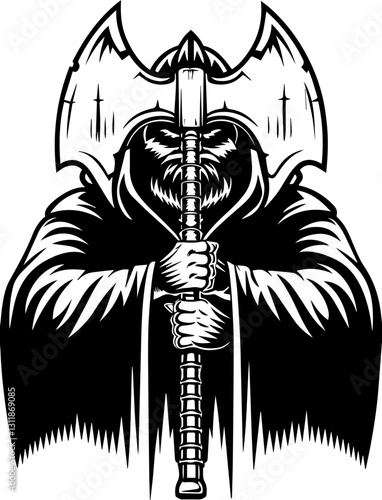SVG vector features medieval fantasy demons with eldritch designs.Dark Fantasy Warrior with Two-Handed Axe and Hooded Cloak