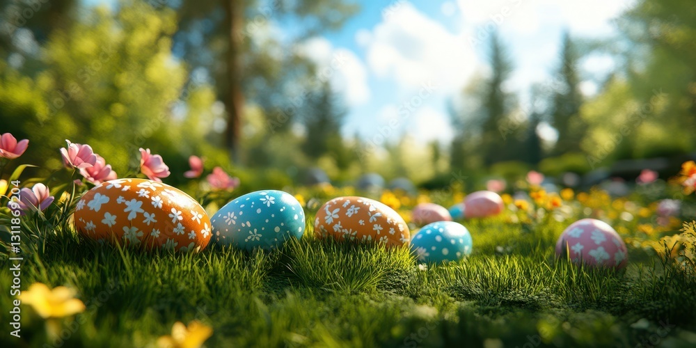 Colorful Easter eggs among blooming flowers in a sunny spring meadow Colorful Easter eggs among blooming flowers in a sunny spring meadow