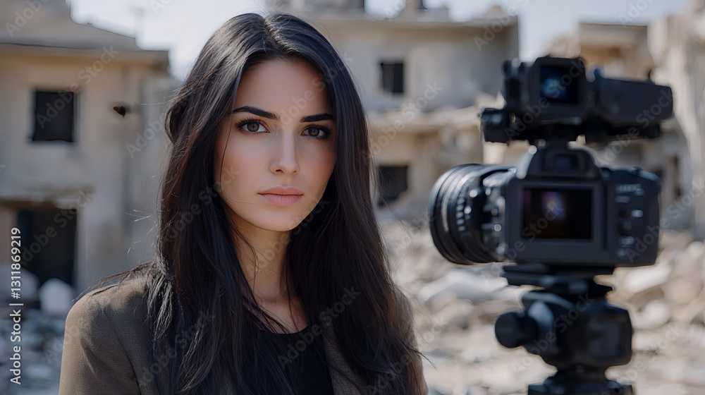 A beautiful reporter with long black hair is doing a live broadcast in front of the camera, her face looks serious and attentive, the background of the building ruins, Ai generated Images. A beautiful reporter with long black hair is doing a live broadcast in front of the camera, her face looks serious and attentive, the background of the building ruins, Ai generated Images.