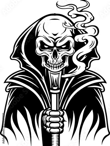 SVG vector features medieval fantasy demons with eldritch designs.Grim Reaper Holding Scythe with Smoke Rising from Skull
