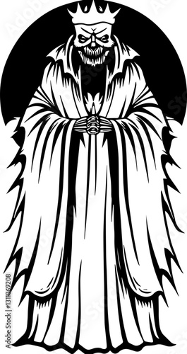 SVG vector features medieval fantasy demons with eldritch designs.Mysterious Monochrome Illustration of a Dark King Figure
