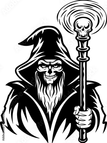 SVG vector features medieval fantasy demons with eldritch designs.Mysterious Sorcerer with Wand and Skull Design Element