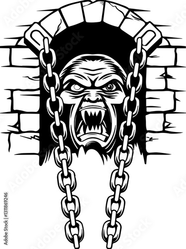SVG vector features medieval fantasy demons with eldritch designs.Fierce Demon Face Emerging from Dark Stone Wall Design