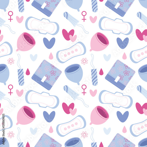 Vector flat seamless pattern with women menstruation sanitary goods. Hand drawn vector flat colored illustration. Disposable pad, tampon, menstrual cup, drops, hearts, calendar