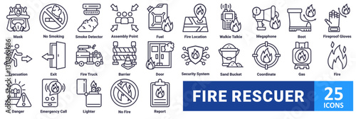 Fire Rescuer icon set. with icon mask, no smoking, smoke detector, assembly point, fuel, fire location, walkie talkie, megaphone, boot, fireproof gloves, evacuation, exit, fire truck, barrier, door