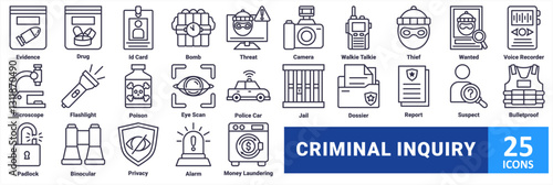 Criminal Inquiry icon set. with icon evidence, drug, id card, bomb, threat, camera, walkie talkie, thief, wanted, voice recorder, microscope, flashlight, poison, eye scan, police car, jail, dossier