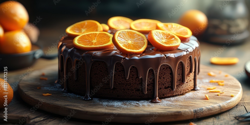 Delicious chocolate cake topped with fresh orange slices on a wooden table in a cozy kitchen setting Delicious chocolate cake topped with fresh orange slices on a wooden table in a cozy kitchen setting
