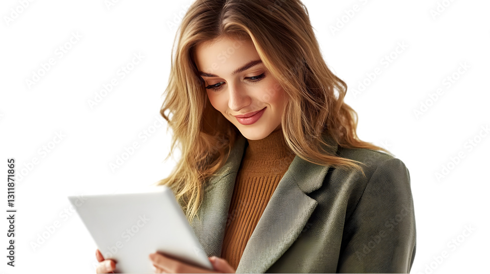 Woman Reviews Tablet Screen, Isolated on White