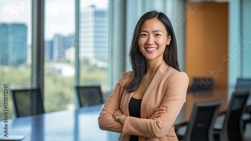 Free Download smiling project manager, standing with arms crossed in front of a polished conference table, with a bright, airy office and a clear view of the skyline behind - GFXLoad