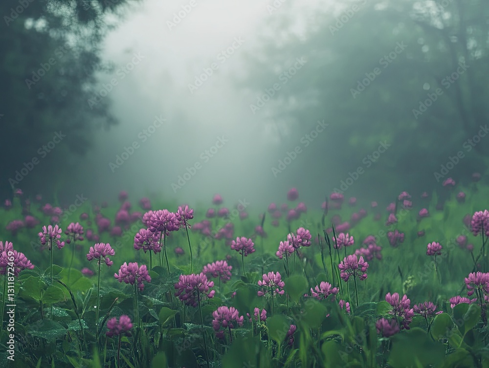 Obraz premium Misty meadow, Purple blossoms in a tranquil, dreamlike atmosphere