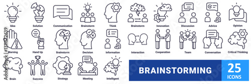Brainstorming icon set. with icon idea, solution, communication, brainstorm, think, brainstorm, innovation, discussion, advice, opinion, warning, hand up, brainstorm, decision, information