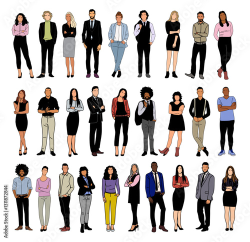 Modern business people collection. Vector cartoon illustration of diverse multinational standing men and women in smart casual and formal office outfit. Isolated