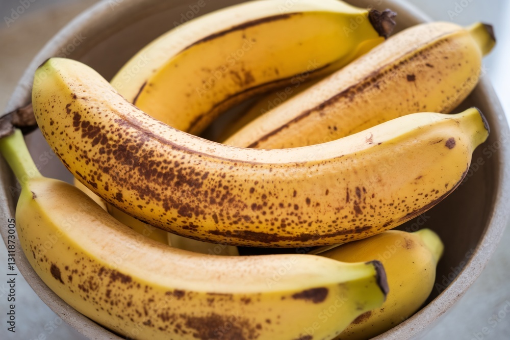 Yellow bananas with brown spots in a beige bowl, showcasing ripe fruit ready for consumption. Yellow bananas with brown spots in a beige bowl, showcasing ripe fruit ready for consumption.