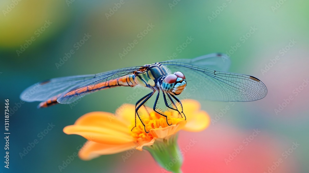 Dragonfly perched on flower nectar Dragonfly perched on flower nectar