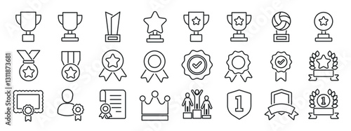 Set of collection line icons related award, medal, trophy, success. Editable stroke. Perfect pixel on transparent background