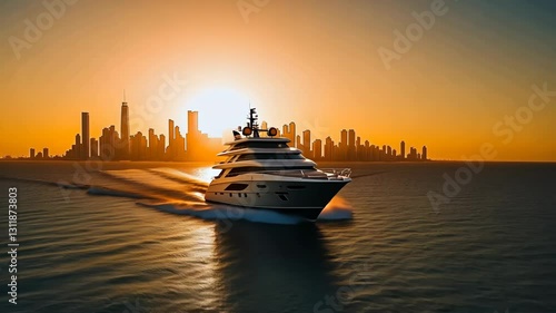 Elegant yacht cruising across the water at sunset with a city skyline in the background
