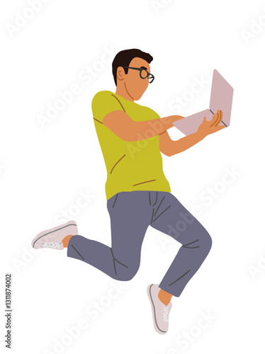 Young man working at laptop. Asian guy in casual clothes walking, running, looking at computer. Vector realistic illustration isolated 