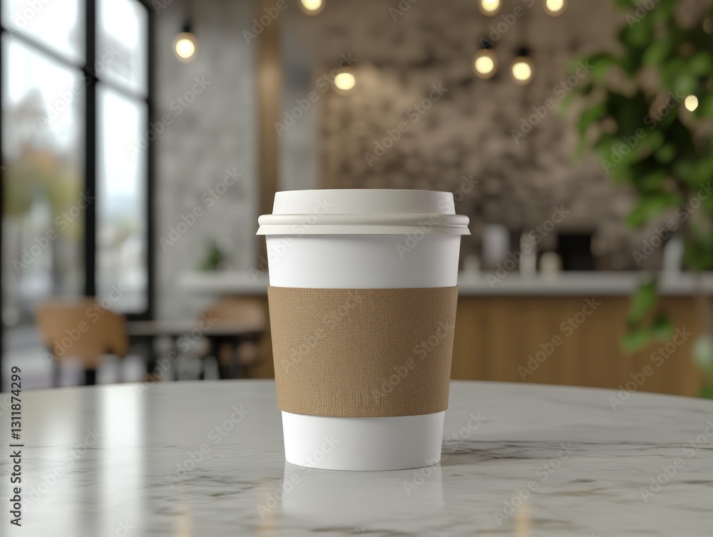 White coffee cup with cardboard sleeve on marble table inside coffee shop blurry background with cafe interior and warm lighting White coffee cup with cardboard sleeve on marble table inside coffee shop blurry background with cafe interior and warm lighting