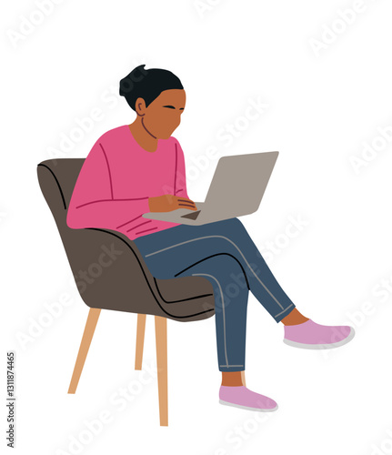 Black woman working on laptop while sitting on office arm chair. Freelance, Online, distant, remote work concept. Pretty african american girl vector flat illustration isolated 