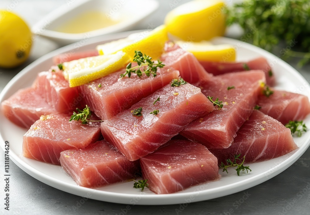 Fresh Raw Tuna Cuts on White Plate with Lemon Wedges and Herbs Ready for Sashimi or Sushi Preparation in a Bright Culinary Setting Fresh Raw Tuna Cuts on White Plate with Lemon Wedges and Herbs Ready for Sashimi or Sushi Preparation in a Bright Culinary Setting