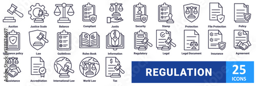 Regulation icon set. with icon auction, justice scale, balance, compliant, justice, security, stamp, protection, file protection, policy, insurance policy, law, guidelines, rules book, information,