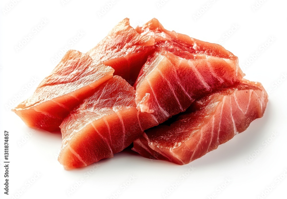 Fresh raw tuna pieces on white background ideal for culinary, seafood, sushi preparation, healthy eating, and gourmet cooking concepts in food photography Fresh raw tuna pieces on white background ideal for culinary, seafood, sushi preparation, healthy eating, and gourmet cooking concepts in food photography