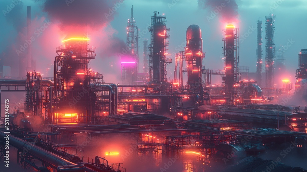 Futuristic Industrial Complex with Neon Lights and Atmospheric Smoke Futuristic Industrial Complex with Neon Lights and Atmospheric Smoke